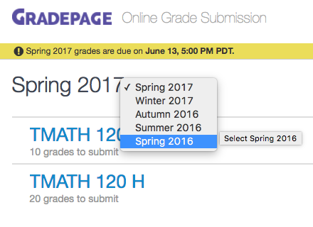 User interface of GradePage with blue triangle clicked and drop down menu of previous quarters showing.