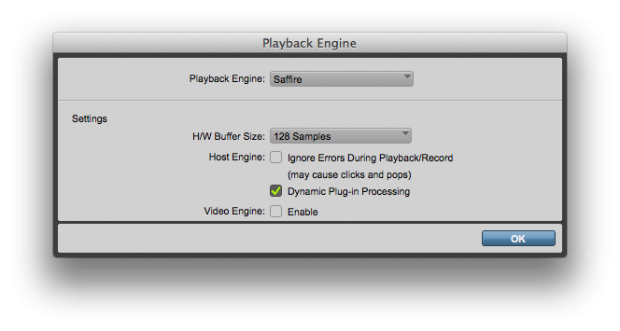 Screenshot of Pro Tools "Playback Engine" window.