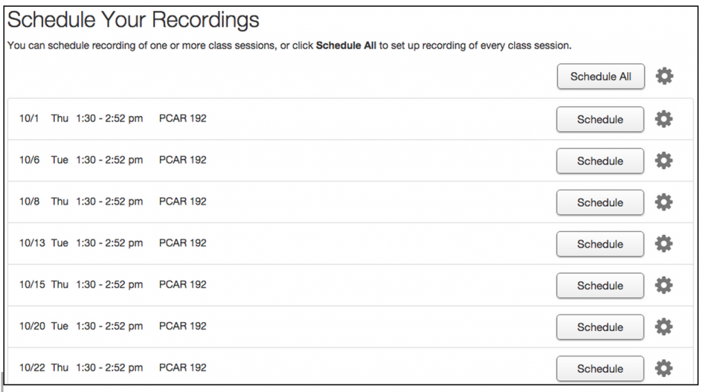 List of class sessions to select for recording