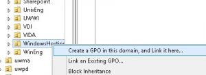 Screenshot showing "Create a GPO in this domain, and Link it here..." menu option.