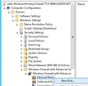 Screenshot showing "New Rule" menu option in the Windows Firewall section.