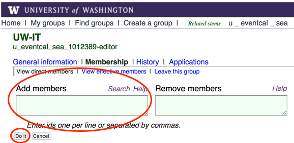 "Add members" field in UW Groups interface