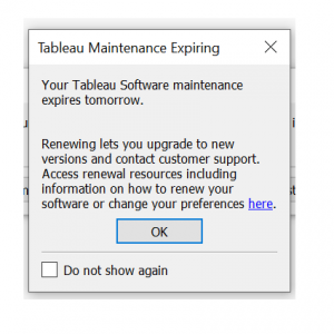 Screenshot of a Tableau maintenance expiration alert