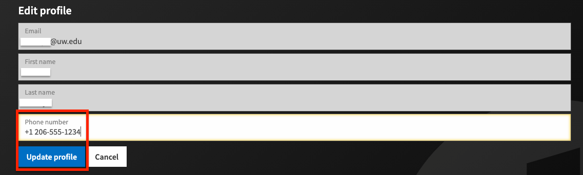 Profile information showing an example phone number added and the "Update profile" button