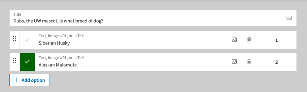 Poll creation interface showing an example of a multiple choice poll being created and the second response option in the list being marked as the correct response