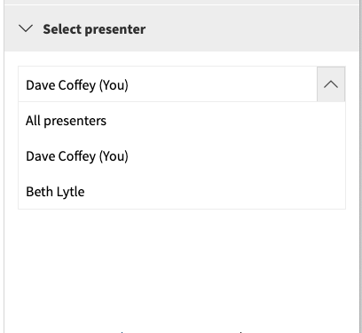 The "Select Presenter" menu pane showing a list of available presenters who may have presented the poll(s) in the gradebook report
