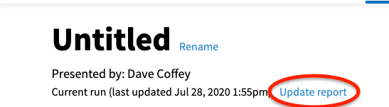 The "Update report" link, under the title of the gradebook report and next to the presenter's name, is highlighted