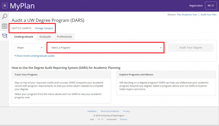 Screenshot of Audit Your Degree (DARS). Highlighted are the change campus option and the select a program dropdown.