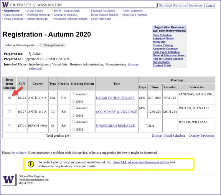 Screenshot of the Registration page. A checkbox is marked on the first row under the header 