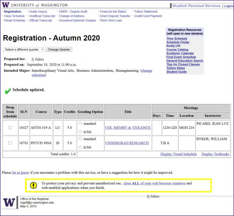 Screenshot of the Registration page with a confirmation 