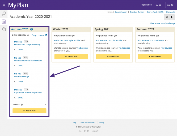 Screenshot shows the Academic Year page with the current quarter highlighted with registered courses