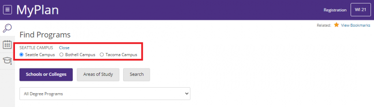 Screenshot of the Find Programs page with the campus selection section highlighted at the top of the page.