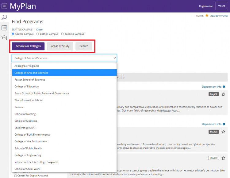 Screenshot of the Find Programs page with the different filter highlighted and the dropdown expanded.