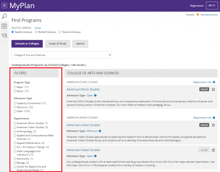 Screenshot of the Find Programs page with the left sidebar filters highlighted