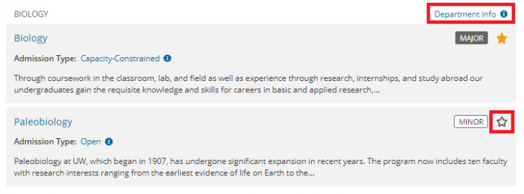 Screenshot of the search results categorized by departments. Department info and bookmark stars are highlighted.