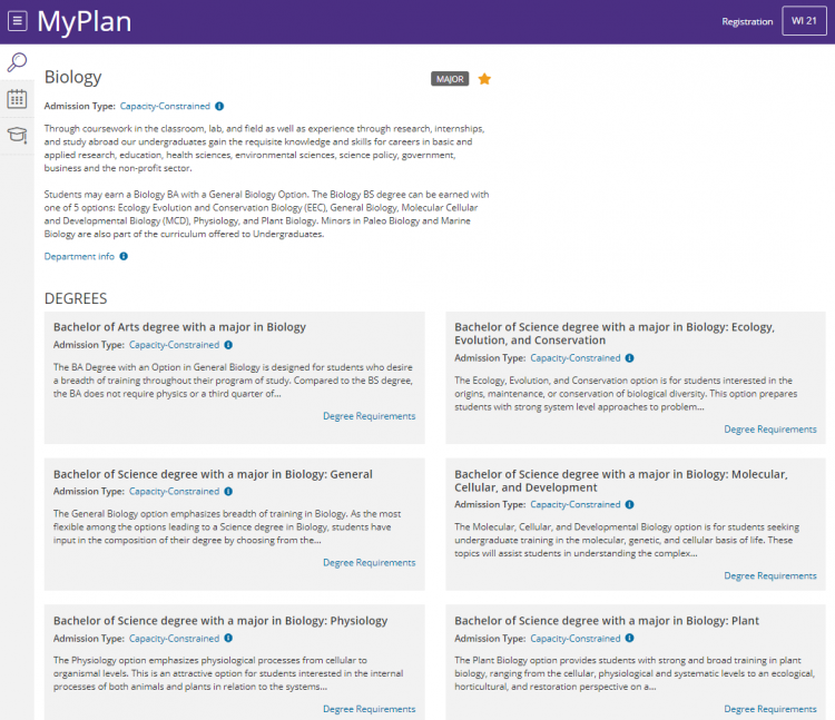 Screenshot of the Biology program overview.