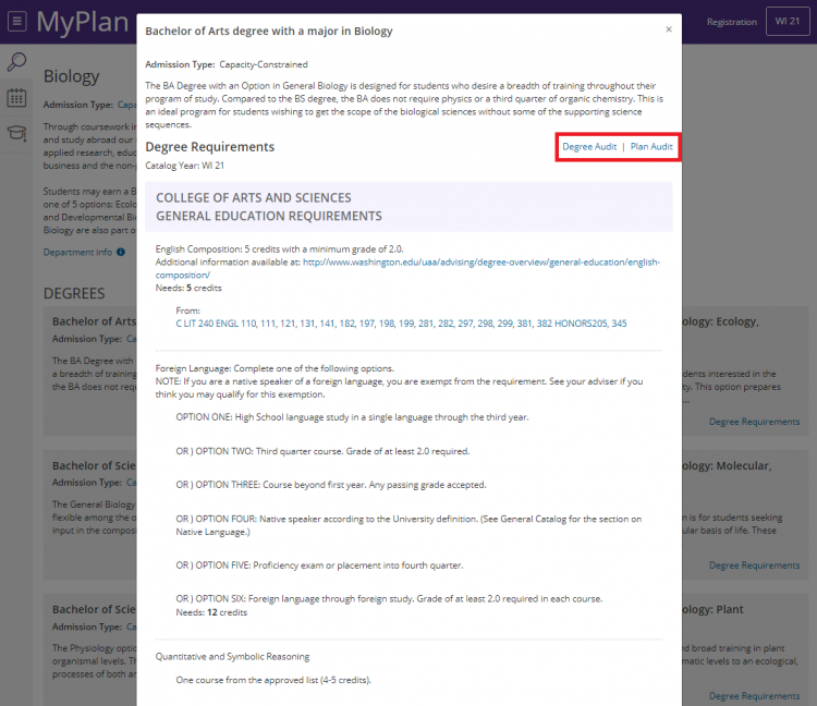 Screenshot of the popup when degree requirements is clicked.