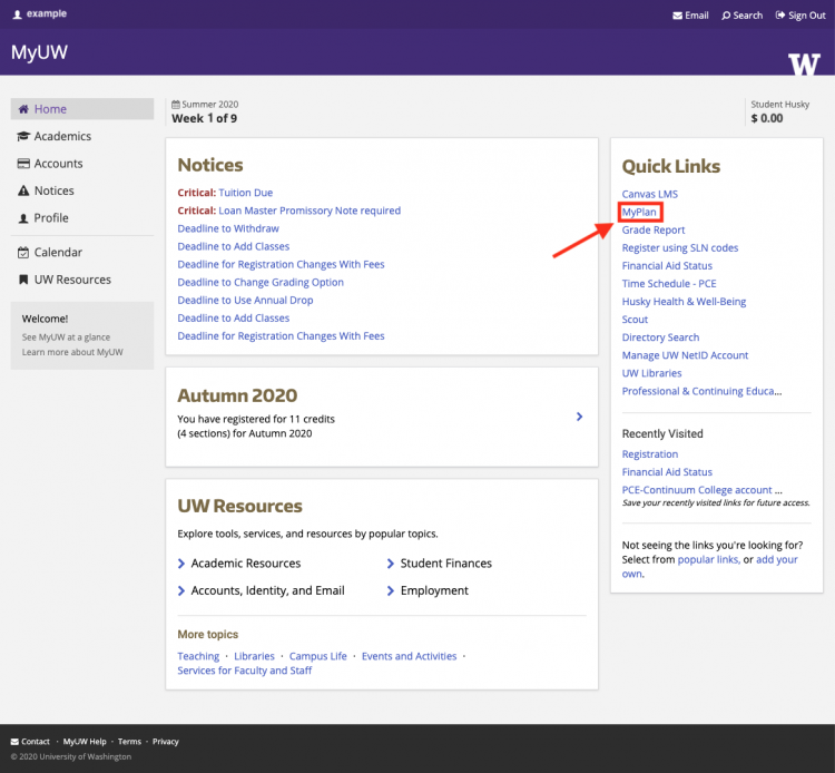 Screenshot of home page of MyUW. Highlighted is the link to MyPlan under Quick Links.