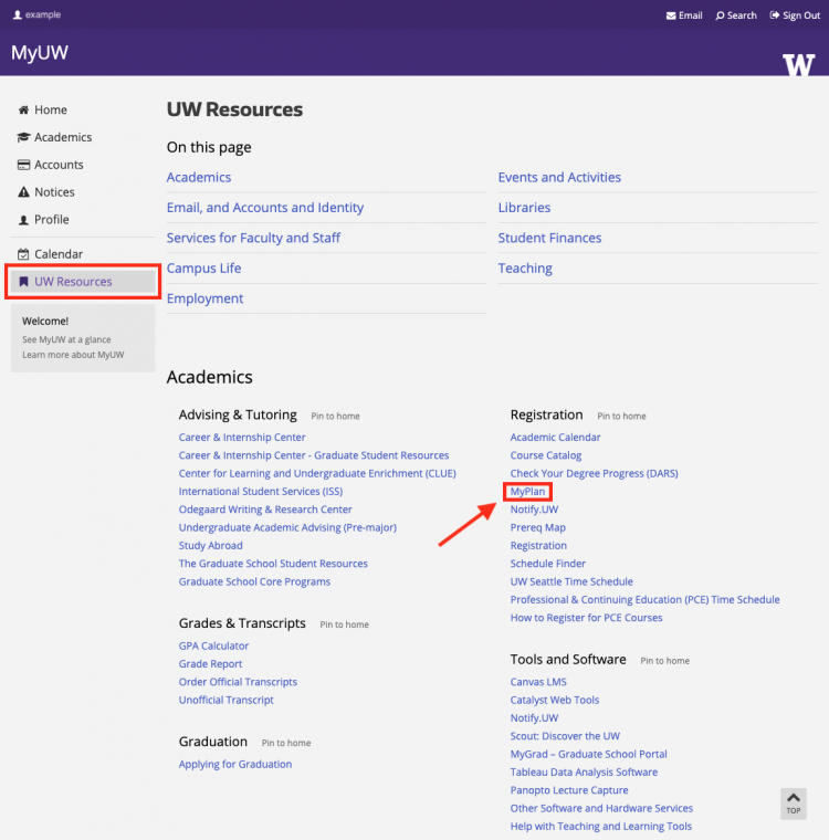 Screenshot of UW Resources in MyUW. Detailed above is the instruction to get into MyPlan via MyUW.