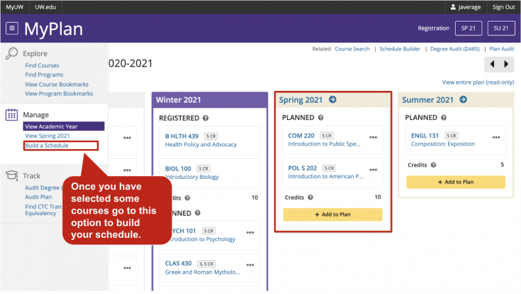 Screenshot of the MyPlan sidebar navigation highlighting the 