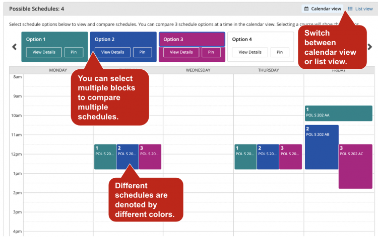 Annotation 1: You can select multiple blocks to compare multiple schedules. Annotation 2: Different schedules are denoted by different option numbers. Annotation 3: Switch between calendar view or list view. 