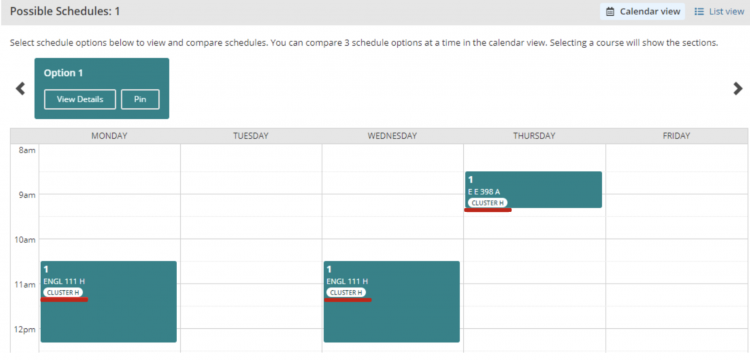 Screenshot of the Schedule Builder calendar blocks with option 1 indicating it's a cluster.