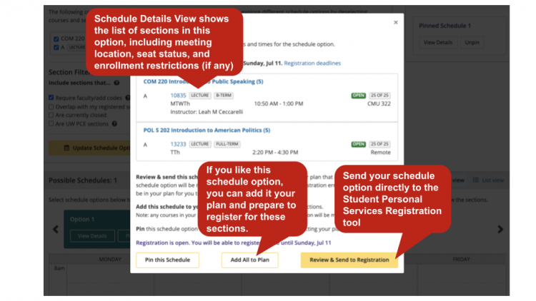 A screenshot of the pop-up Schedule Details VIew. It shows the list of sections in this option, including meeting, location, seat status, and enrollment restriction (if any)