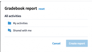 Gradebook menu showing "Activities" folder and "Shared with me" folder