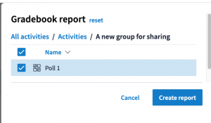 Gradebook report menu showing a poll in the highlighted folder being selected for the report