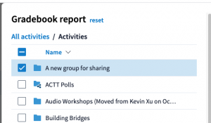Gradebook report menu showing nested folders in the "Activities" folder and a folder in that list being selected for the gradebook report