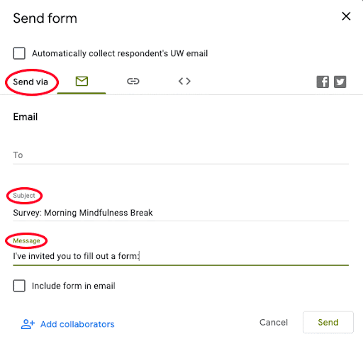 Send form interface, with Send via email highlighted.