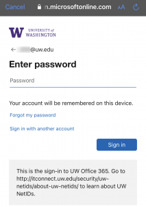 Screenshot of sign-in page for the UW Entra ID