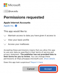 Screenshot of the Microsoft permissions request screen for Apple Internet Accounts, with the Accept button highlighted