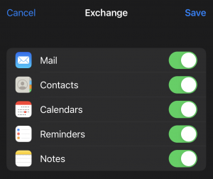 Screenshot of iOS interface for selecting Exchange services