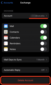 Screenshot of iOS Internet Account highlighting the @uw.edu account field and indicating the Delete Account button