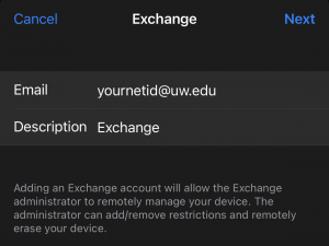 Screenshot of iOS interface for adding Microsoft Exchange account