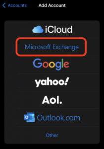 Screenshot of Add Account screen under iOS Account Settings with Microsoft Exchange highlighted