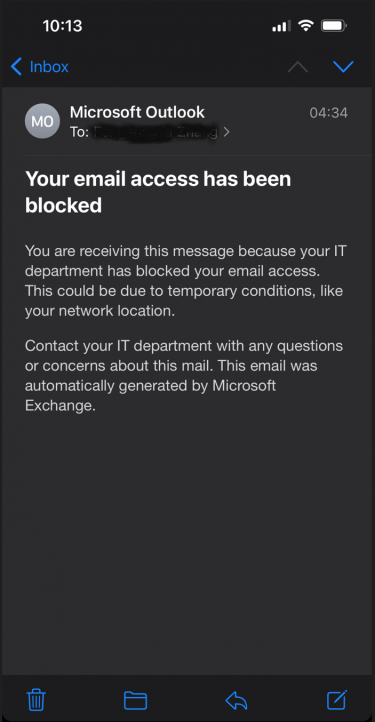 Screenshot of a "Your email access has been blocked" email from Microsoft Outlook