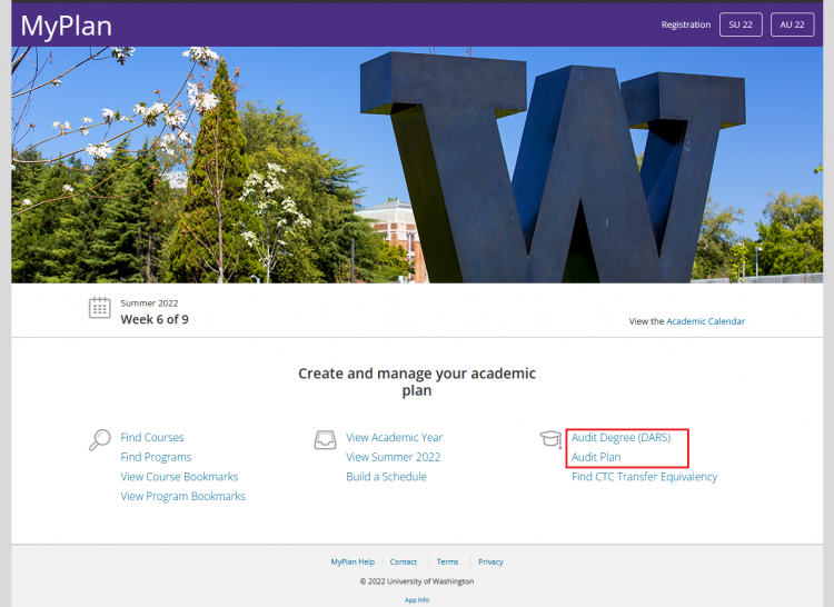 Screenshot of the MyPlan homepage with "Audit Degree (DARS)" and "Audit Plan" highlighted.