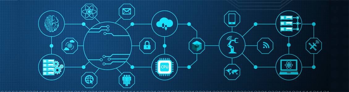 Quantum computing as modern technology concept image. Objects suchs as a brain, an atom, a computer chip, all inside circles on a blue background.