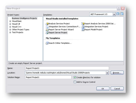 "New Project" dialog box showing the "Report Server Project" Visual Studio installed template highlighted