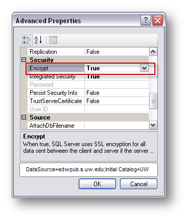 Advanced Properties dialog box with the Security: Encrypt option set to Yes