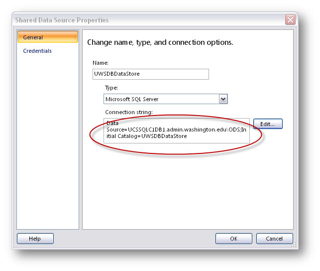 Share Data Source Properties dialog box with the value in the Connection string text box cirlced in red