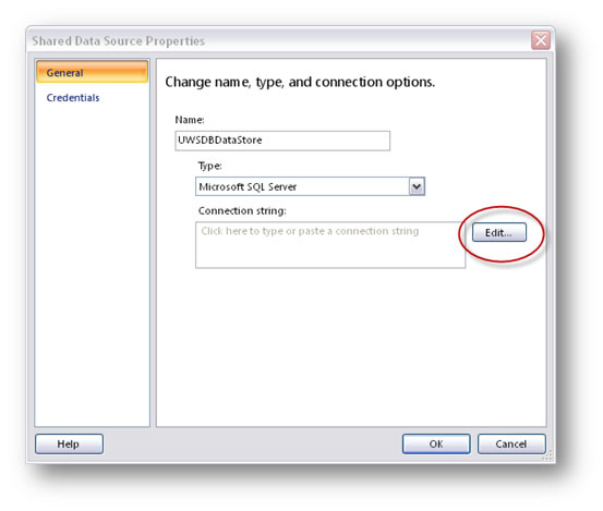 Shared Data Source Properties dialog box with a red circle around the Edit button next to the Connection string box