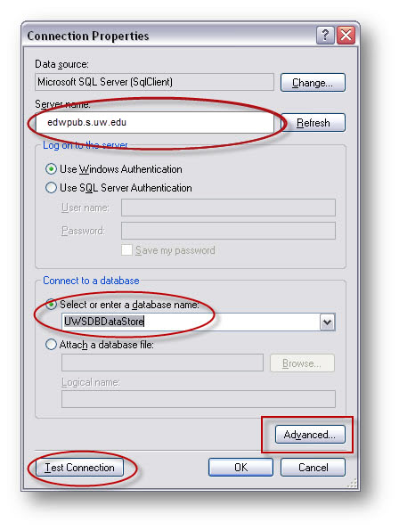 Connection Properties dialog box with the values in the Server name and Database name boxes circled in red, along with the Test Connection button