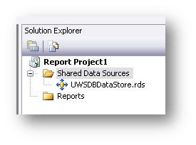 Screenshot of Solution Explorer window with the Shared Data Sources branch under Report Project1 selected