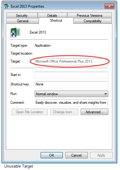 "EXCEL.EXE Properties" dialog box showing unusable target