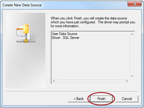 Create New Data Source dialog box with the Finish button circled in red.