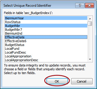 "Select Unique Record Identifier" dialog box showing a list of fields in table sec_BudgetIndex1. The fields named BienniumYear, BudgetNbr, and EffectiveDate are highlighted, and the OK button is circled in red