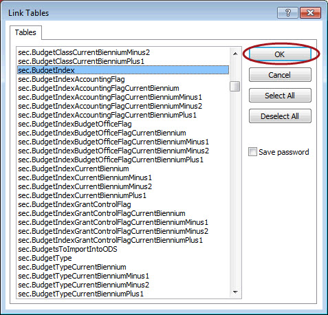 SSMS Link Tables dialog box showing a long list of tables. The OK button is circled in red